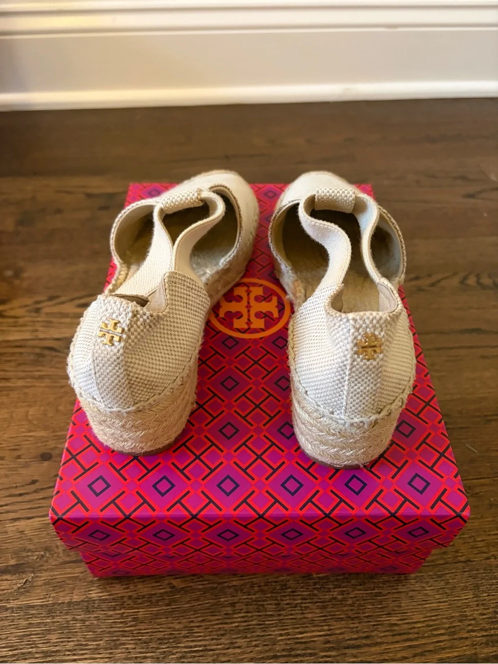 Tory Burch Natural Canvas Espadrille Slingback Wedges